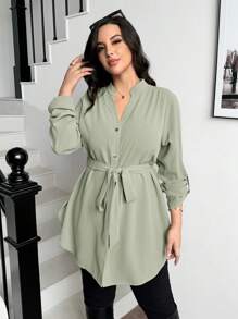 Shapeblank Plus Size Women Autumn And Spring Casual Loose Long Sleeve Green Long V Neck Shirt,Button Down Work Shirts,Teacher,Back To School,Office Wear,Spring Tops - Mint Green - View 3