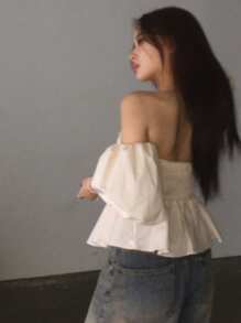 DAZY Blusa con hombros descubiertos, volantes y mangas abultadas de color liso de para mujer - Albaricoque - Ver 2