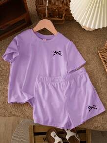 SHEIN Tween Girls' Casual Minimalist Short Sleeve Shorts 2 Pieces Set, Suitable For Summer - Mauve Purple - View 3