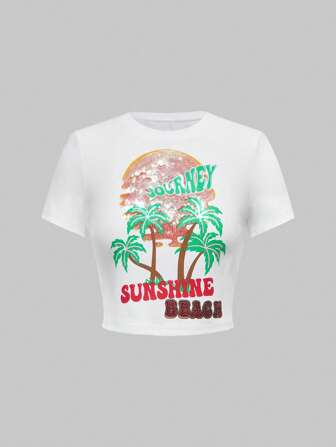 ROMWE Avant Maglietta slim fit cropped da donna con ricamo a paillettes, stampa di cocco ragazza, tramonto e palme, in stile vacanza
