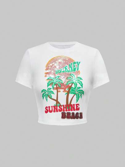 ROMWE Avant Camiseta corta de ajuste ceñido con estampado de palmeras, puesta de sol y niña de coco, con bordado de lentejuelas, en estilo vacacional sexy para mujer