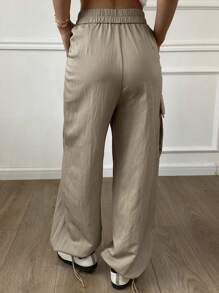 DAZY Women's Solid Color Loose Pocket Belt Cargo Pants, Casual Street-Style Summer Trousers - Khaki - View 2