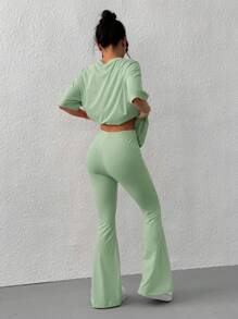 SHEIN EZwear Olive Green Knitted Embroidered Letter Pattern Flared Pants Suit - Olive Green - View 2