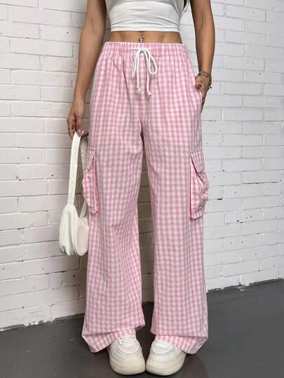 SHEIN EZwear Women's Drawstring Waist Plaid Cargo Pocket Casual Pants