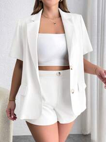 SHEIN Essnce Ropa de mujer talla grande para verano y otoño, ropa de vuelta al colegio, conjuntos de otoño, ropa de mujer de negocios de nuevo estilo de moda, ropa casual de oficina, elegante traje de negocios casual de color caqui con pantalones y conjunto de dos piezas de manga corta - Blanco - Ver 5