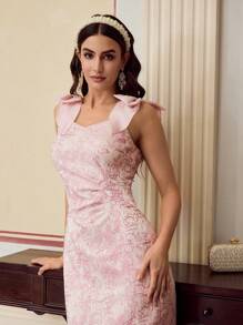 ZEYLAH Đầm dài xẻ tà không tay thắt nơ họa tiết jacquard - Hồng - Xem 4