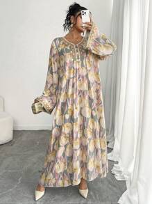 Al Najma Plus Size Floral Print Patchwork Flounce Hem Arabic Style Dress For Women, Modest - Multicolor - View 3