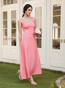 Chiquease Wedding Guest Red Lace Trim Texture Crinkle Satin-Like Elegant Long Dress - Watermelon Pink - View 1
