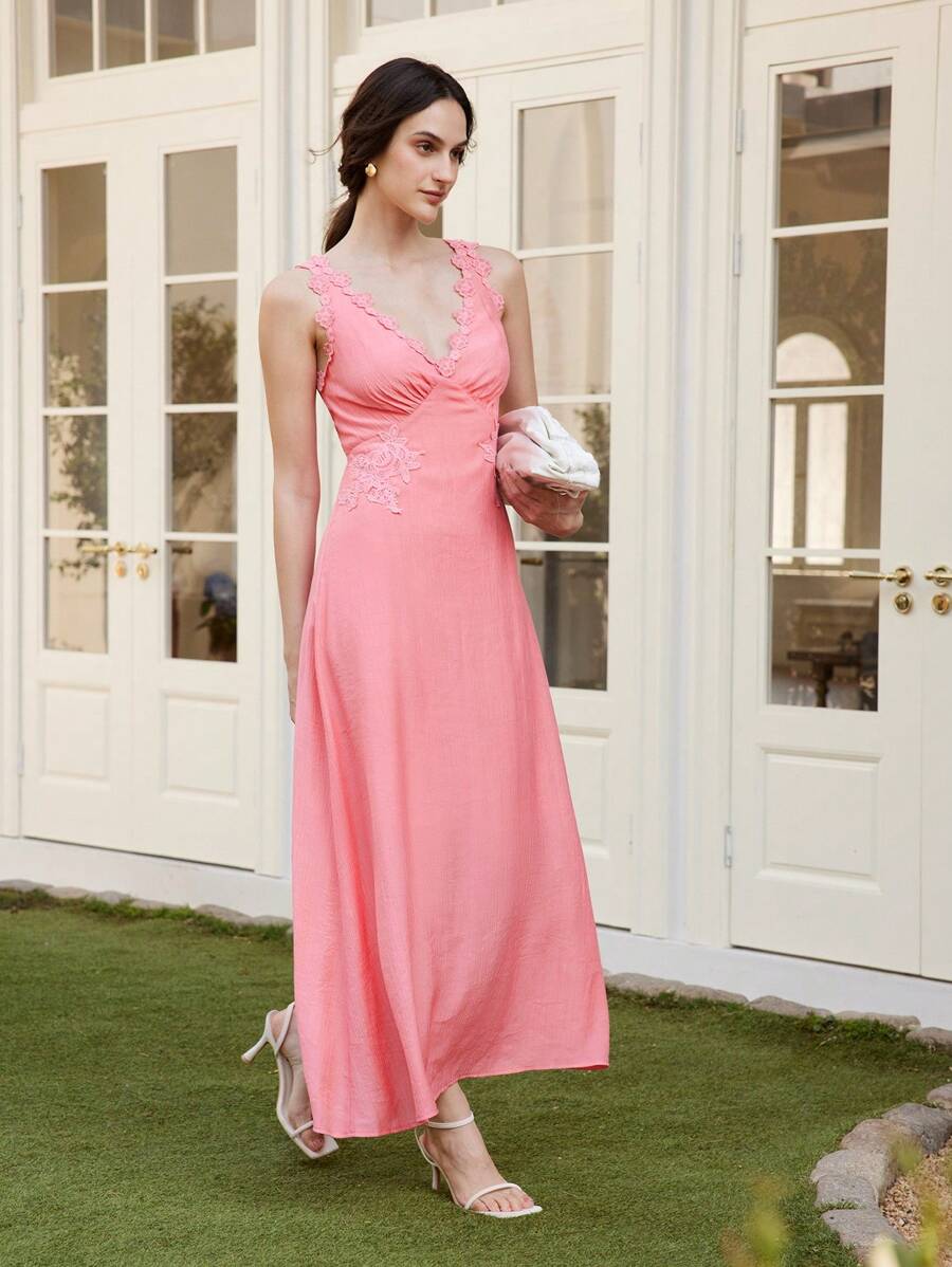 Chiquease Wedding Guest Red Lace Trim Texture Crinkle Satin-Like Elegant Long Dress - Watermelon Pink - View 1