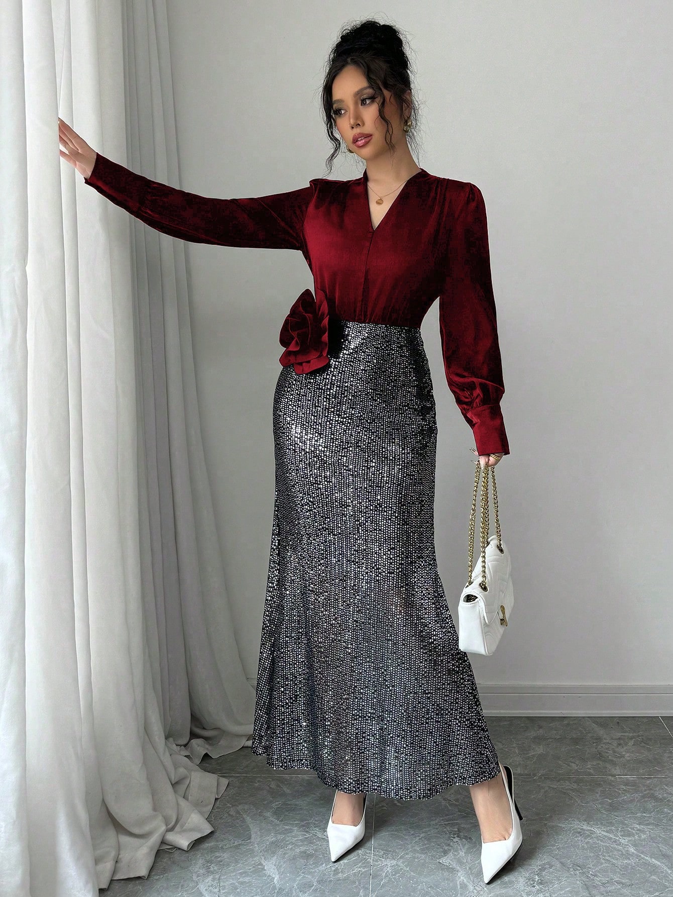 Rafferiza فستان أنيق فرنسي الطراز بياقة حرف V وتقط...