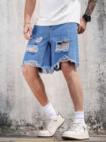 Manfinity LEGND Men's Casual Basic Denim Shorts In Medium Wash With Ripped Details And A Short Length - Medium Wash - View 4