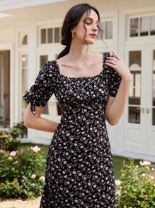 Uhlyne Damen elegantes Blumendruck-Kleid mit Puffärmeln und geraffter Taille, quadratischem Ausschnitt, frischer Urlaubsstil