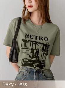 Dazy-Less Women's Loose Fit Letter Print Round Neck Casual Short Sleeve T-Shirt Summer Graphic Tee - Olive Green - View 6