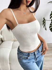 SHEIN EZwear 女士夏季优雅纯色蕾丝吊带背心 - 白色 - 查看 5