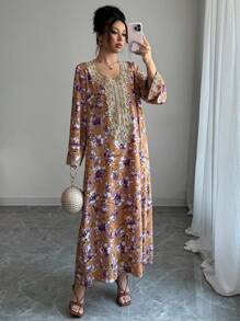 SHEIN Najma Váy Ả Rập dài tay họa tiết hoa ren tương phản dành cho nữ, Kaftan giản dị - Màu tím - Xem 5