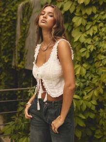 Aralina Summer Vacation Boho Ruffle Trim Pintuck Detail Front Tie Sleeveless Bustier Top