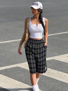 Muchica Women Plaid Woven Wide Leg Bermuda Shorts - Navy Blue - View 1