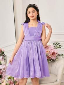 Tween 女童优雅紫色欧根纱无袖连衣裙，夏季 - 淡紫色 - 查看 1