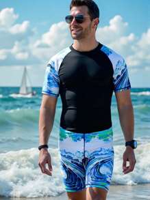 Manfinity Swimmode Men's Wave Graphic Raglan Sleeve Jumpsuit Swimsuit Men Swim Trunks Men Swim Trunks - Black - View 1