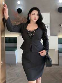 Dazy Plus 2pcs/Set Striped Long Sleeve Blazer Style Top And Short Pencil Skirt Commuter Work Outfit - Black - View 8