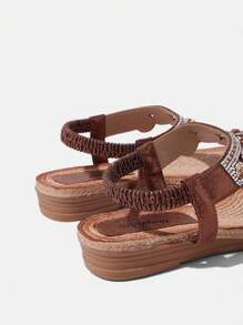 Styleloop Women's Flat Sandals With Rhinestone Sunflower Beaded Thong Strap Low Heel - Brown - View 11