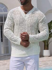 DAZY Men's Summer Solid White Openwork Texture Jacquard Knit Top - White - View 4