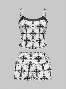 ROMWE Gothic Cross Print Camisole And Shorts Loungewear Set - White - View 1