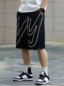 Teen Boys' Knit Casual Letter Print Athletic Capri Pants - Black - View 1