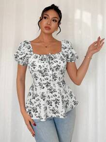 Chiquease Women's Fashion Elegant Ditsy Floral Ruffled Blouse - Black and White - View 5