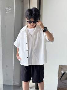 1pc Tween Boys Comfortable Fashionable Casual Loose Fit Korean Style Cool Slogan Print Short Sleeve Polo Shirt, Suitable For Spring/Summer, Daily Wear, Sports, Outings, School, Parties, Festivals, Photoshoots, Back To School Season - White - View 2