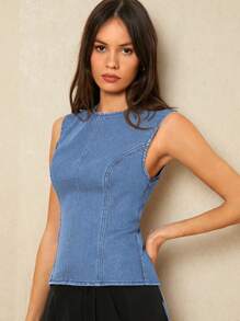 Poéselle Women's Back Hollow Out Knotted Sleeveless Casual Denim Top - Medium Wash - View 7