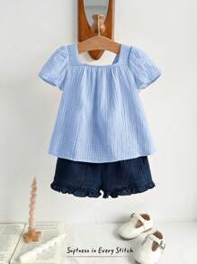 Cozy Pixies 2pcs Baby Girl Floral Print Ruffle Collar Puff Sleeve Pullover Top And Elastic Waist Pants Set