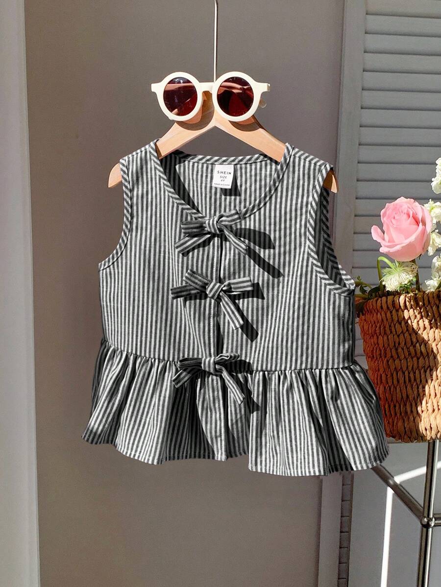 SHEIN 年轻女孩可爱粉色条纹蝴蝶结无袖衬衫，百搭夏季 - 黑色 - 查看 1