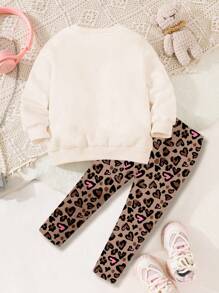 SHEIN 2pcs Young Girl Casual Leopard Heart Pattern Round Neck Long Sleeve Sweatshirt & Leggings Set, Fit For Autumn & Winter