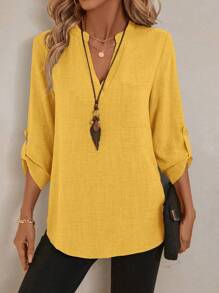 EMERY ROSE Áo sơ mi công sở in hoa cổ chữ V tay 3/4 cho nữ, mùa xuân - Màu vàng - Xem 6