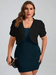 Chikora Plus Size Solid Color Short Cropped Jacket With Pleated & Puff Sleeves,Business Casual Woman - Black - View 5