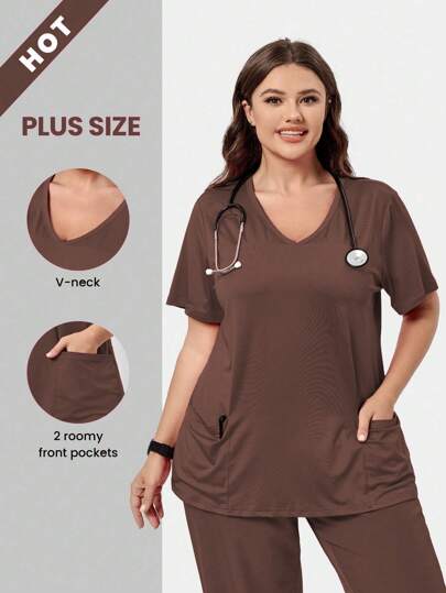 TaskEZ Plus Size Nursing Scrub Uniform Solid Color V-Neck Short Sleeve T-Shirt, Fashionable For Summer