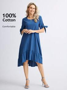 Miaspire Vestido casual sencillo de mujer con cuello redondo, manga corta y plisado en color liso