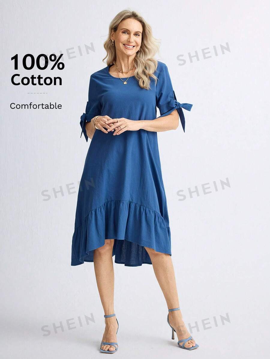 Miaspire Vestido casual sencillo de mujer con cuello redondo, manga corta y plisado en color liso