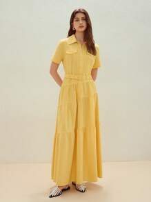 MOTF STUDIO CANVAS WAIST BELT DESGN CASUAL LONG DRESS FOR WOMEN DRESSES FOR WEDDING EVENT - Yellow - View 6
