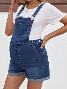 SHEIN 孕妇牛仔背带裤和连体裤，休闲修身背带短裤，蓝色，母亲节/妈妈/母亲/妈妈/母亲节/妈妈/妈妈/母亲节礼物，母亲节/妈妈/母亲/妈妈/妈妈/母亲节/妈妈/妈妈/母亲节礼物 - 藍色 - 查看 6