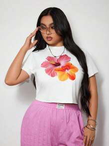 SHEIN ICON Plus Size Women's Casual White Knitted T-Shirt With Vibrant Tropical Floral Print, Short Sleeves, And A Round Neckline - White - View 4