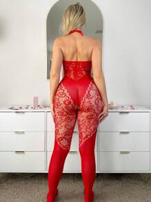 SHEIN Tuta sexy taglie forti per donna con spalline, lingerie da sposa in rete rossa traforata e trasparente per uscire