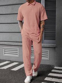 Manfinity Homme Men's Knitted Textured Polo Shirt & Shorts Set, Beige - Pink - View 3