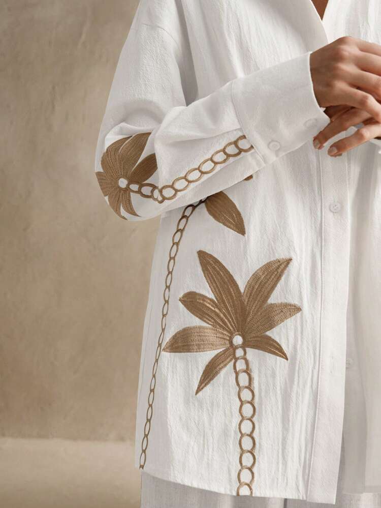Anewsta Damen Gewebte Bluse mit floraler Stickerei, Langarm Kragen Bluse, Strand- und Resort-Bekleidung