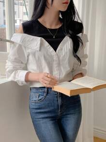 DAZY Women Color Block Long Sleeve Off Shoulder Blouse Summer - White - View 8