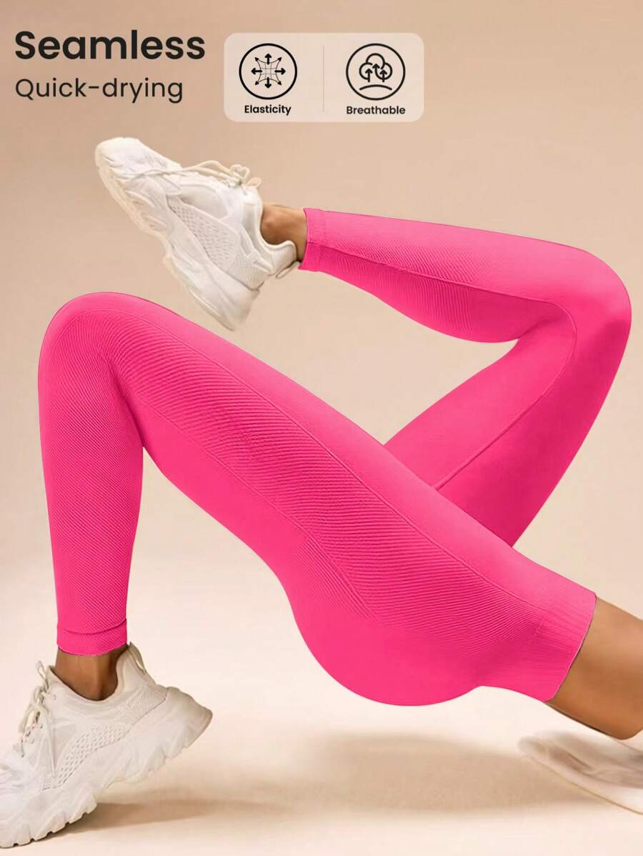 SHEIN Sports Women's Quick Dry Seamless Stretch Breathable Leggings - Hot Pink - View 1
