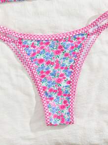 Swim Mod Set de 2 piezas para vacaciones de verano: Bikini con Top sin mangas con estampado de frutas en todo el diseño y detalles de contraste, y Bottom con tiras laterales
