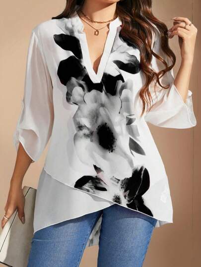 Flouryn 大码缺口领印花不对称下摆春夏休闲衬衫