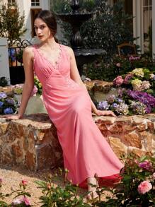 Chiquease Wedding Guest Red Lace Trim Texture Crinkle Satin-Like Elegant Long Dress - Watermelon Pink - View 4